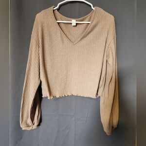 Women's Large Tan V Neck, Long Sleeve Crop Top